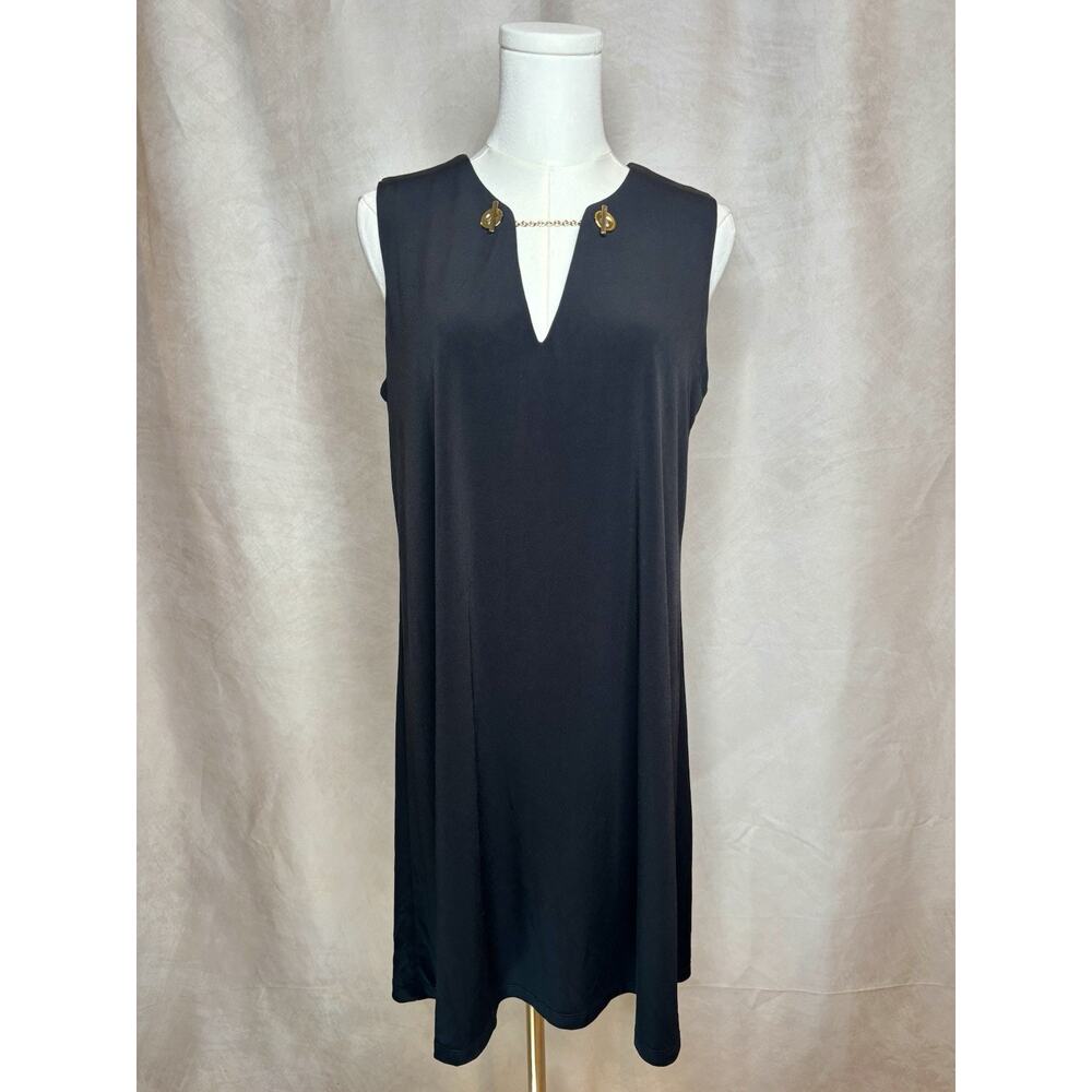 Calvin Klein Black Sleeveless Shift Dress Gold Chain Detail Women’s Size 8